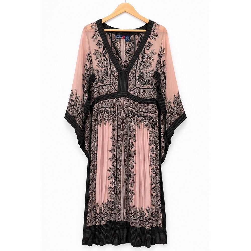 Phool Paisley Boho Kaftan Dress Size S Pink Black Rayon Midi Caftan Whimsigoth